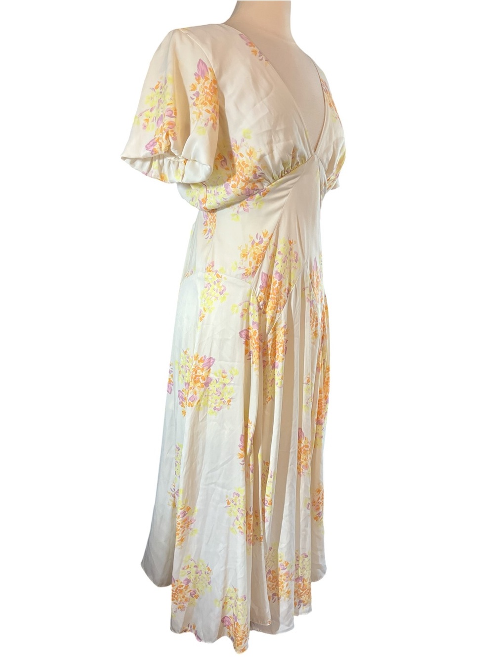 Free People Laura Yellow Maxi Dress w/lavender,orange & Pink Floral Print size L - Picture 4 of 17